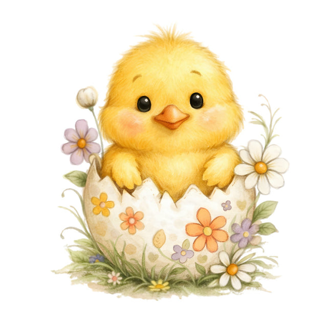 chick emerging from an egg with flowers fabric panel