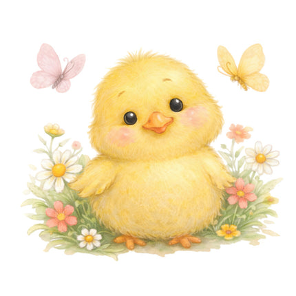 Cartoon yellow chick surrounded by flowers and butterflies fabric panel