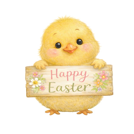 Cartoon chick holding a 'Happy Easter' sign with flowers fabric panel