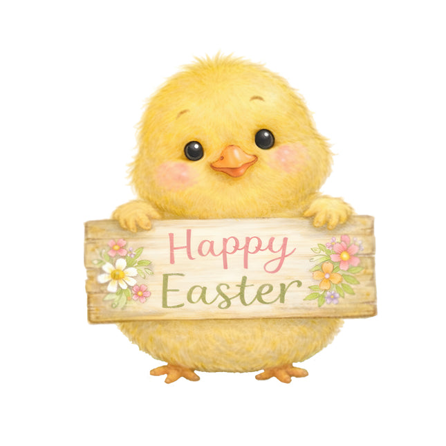 Cartoon chick holding a 'Happy Easter' sign with flowers fabric panel