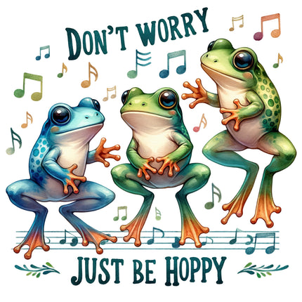 Three colorful frogs with musical notes and text 'Don't Worry, Just Be Hoppy' fabric panel