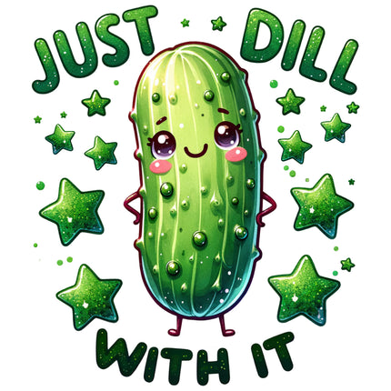 Cartoon pickle with a happy expression surrounded by stars and text 'Just Dill With It' fabric panel