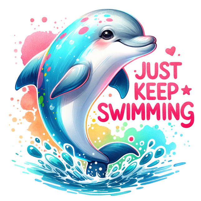 Colorful illustration of a dolphin with 'Just Keep Swimming' fabric panel