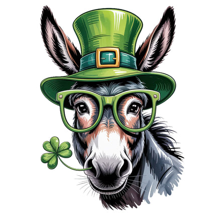 Donkey wearing a green St. Patrick's Day hat and glasses fabric panel