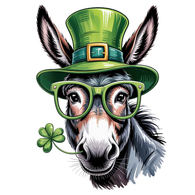 Donkey wearing a green St. Patrick's Day hat and glasses fabric panel