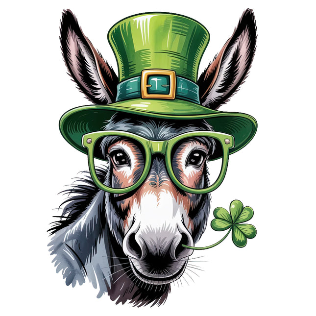 Donkey wearing a green St. Patrick's Day hat and glasses quilt block