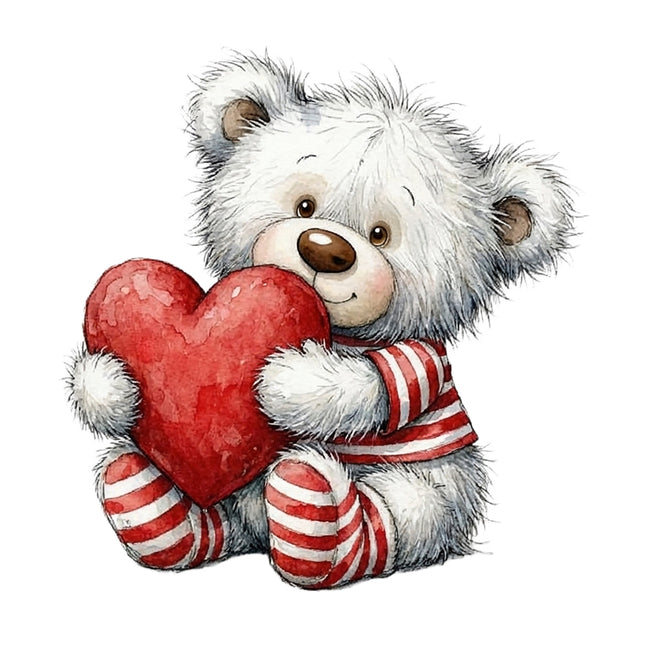 Teddy bear holding a red heart with a striped sweater fabric panel