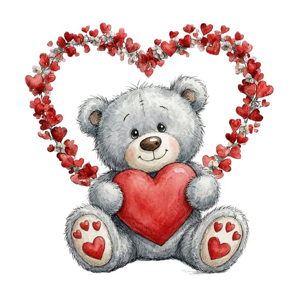 Teddy bear with red heart cotton fabric panel