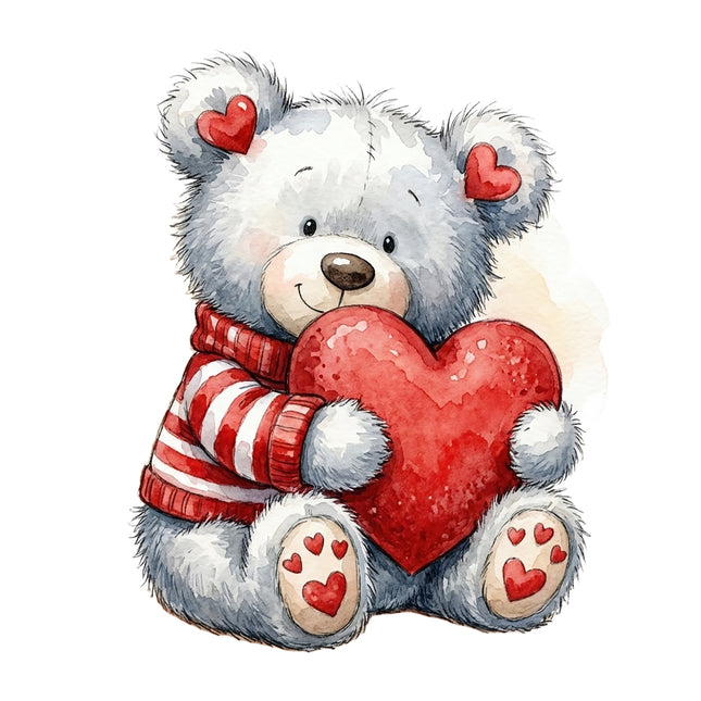 Cute teddy bear holding a red heart fabric panel