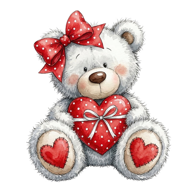 Teddy bear with red heart cotton fabric panel