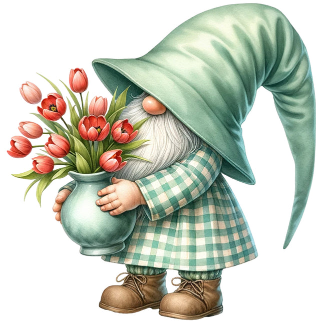Gnome holding a vase of flowers fabric panel