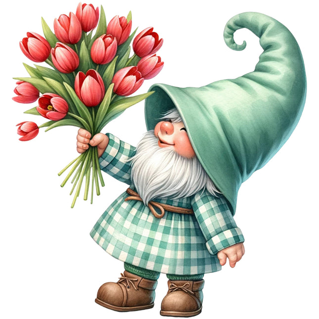 Gnome holding a bouquet of red tulips quilt block