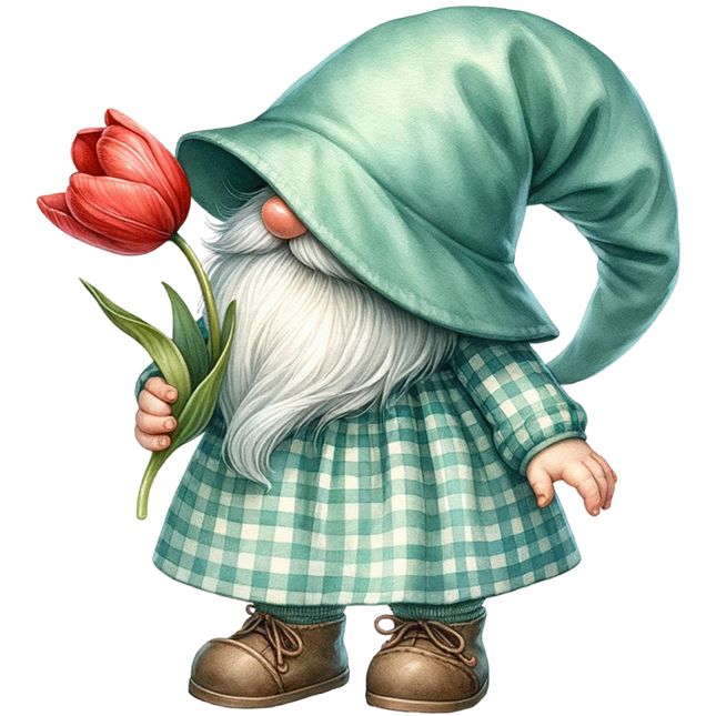 Gnome character holding a red tulip quilt block
