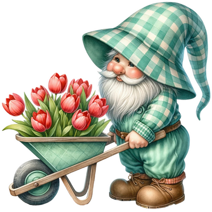 Gnome with a checkered hat and plaid outfit pushing a wheelbarrow full of red tulips quilt block