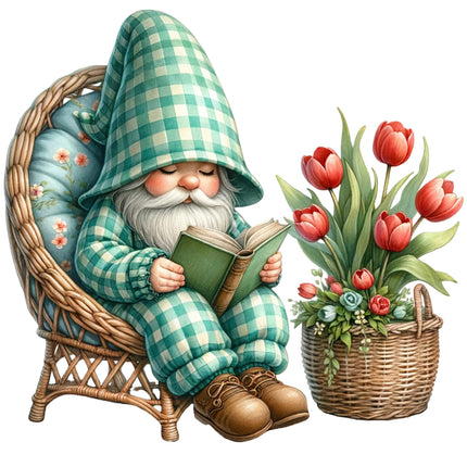 Gnome in a green checkered outfit with a basket of tulips cotton fabric panel