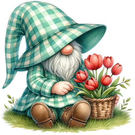 Gnome in a green checkered outfit with a basket of tulips cotton fabric panel
