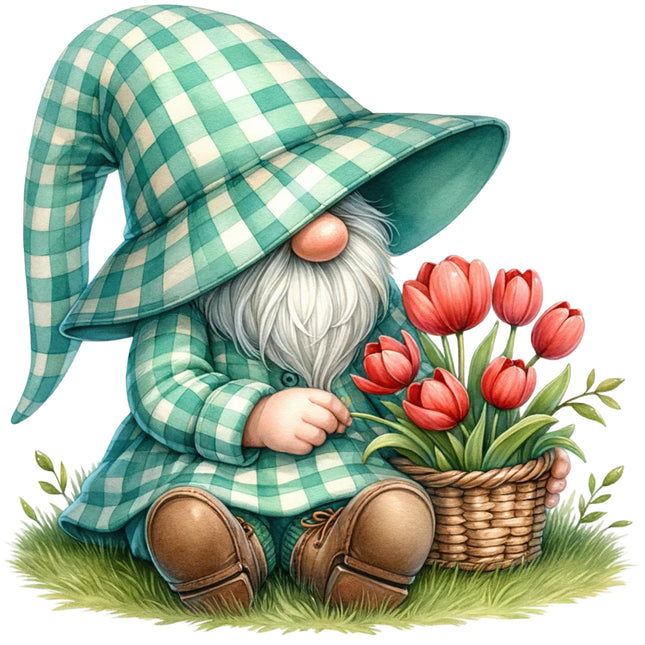 Gnome in a green checkered outfit with a basket of tulips cotton fabric panel
