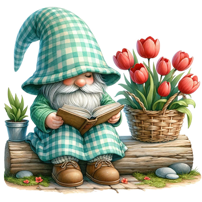 Gnome in a green checkered outfit with a basket of tulips cotton fabric panel