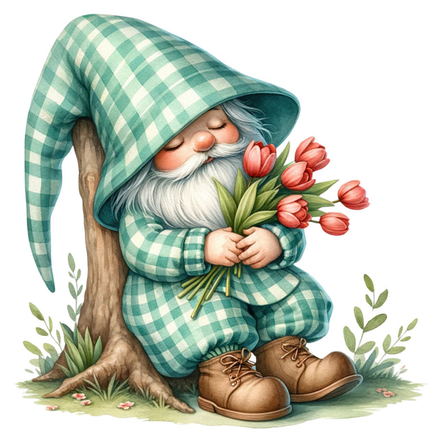 Gnome in a green checkered outfit with a basket of tulips cotton fabric panel