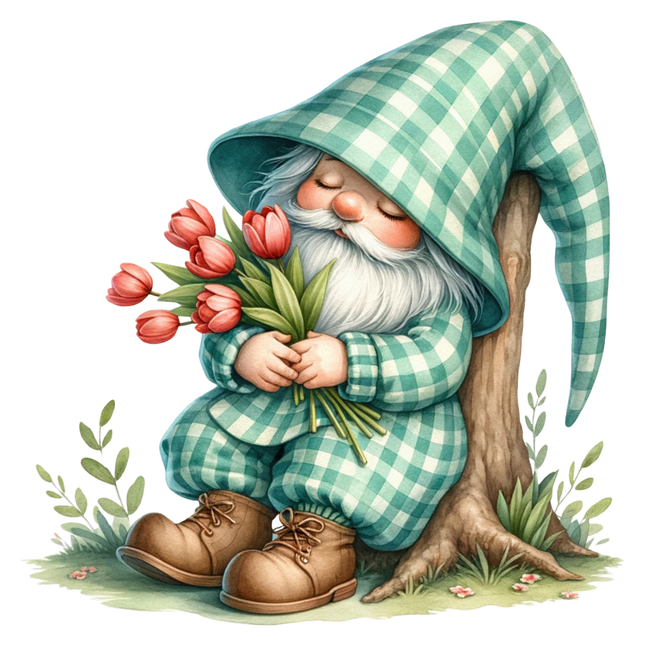 Gnome in checkered outfit holding tulips quilt block