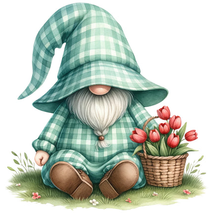 Gnome in a green checkered outfit with a basket of tulips cotton fabric panel