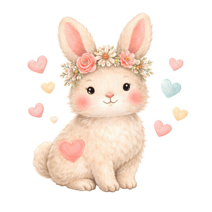 Cute bunny with a flower crown and hearts fabric panel