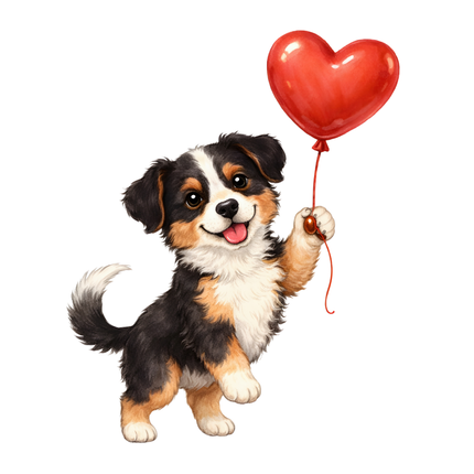 puppy holding a red heart balloon quilt block