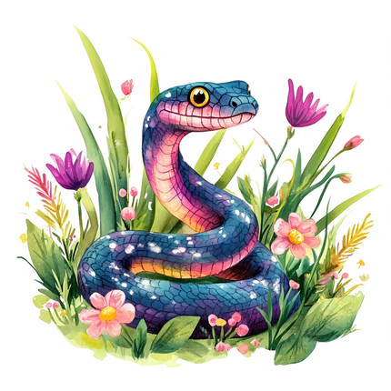 Colorful snake among flowers fabric panel
