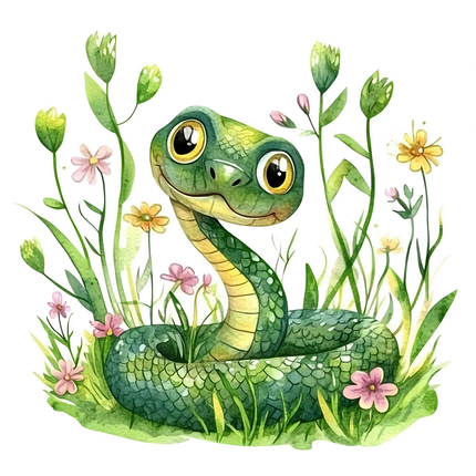 green snake among flowers fabric panel