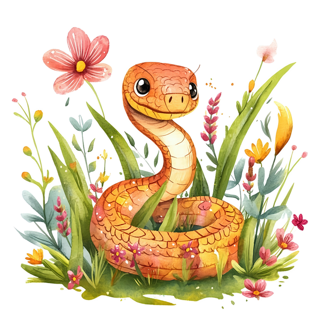 snake among flowers and plants fabric panel