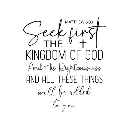 Bible verse 'Seek first the kingdom of God and His righteousness and all these things will be added to you' from Matthew 6:33 quilting fabric panel