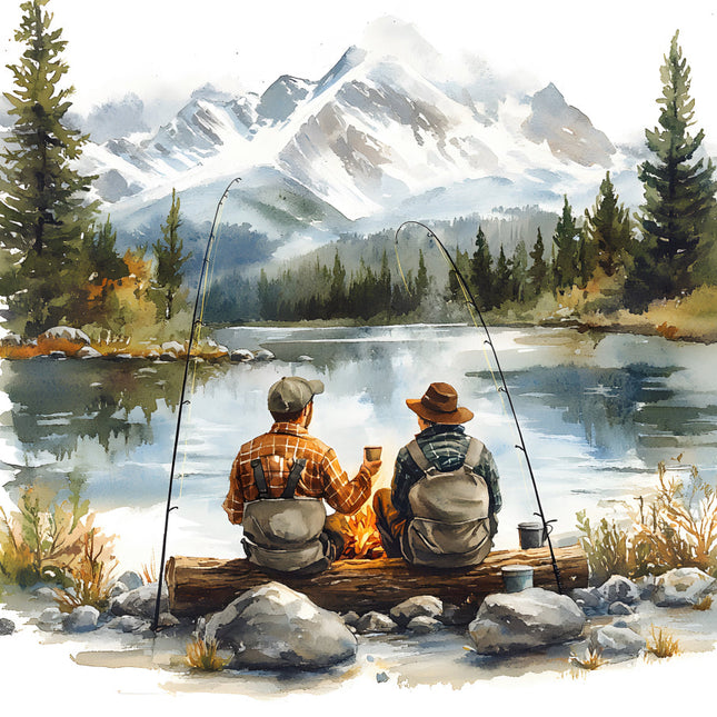 father and son fishing cotton fabric panel