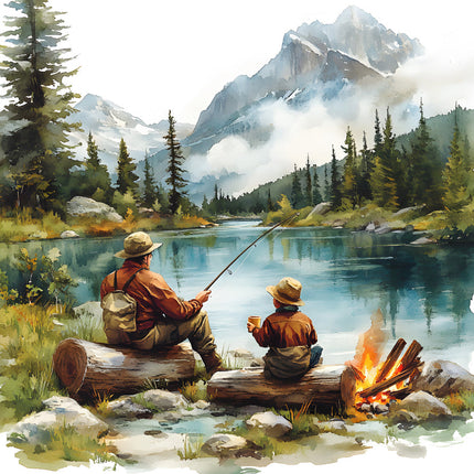 father and son fishing cotton fabric panel
