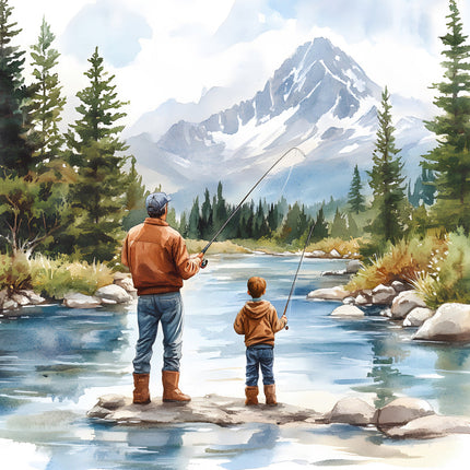 father and son fishing cotton fabric panel