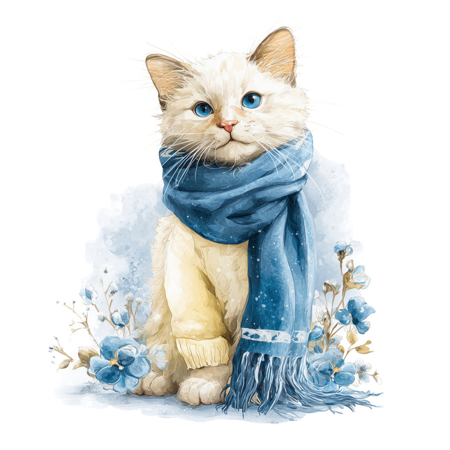 Cat wearing a blue scarf fabric panel for quilting