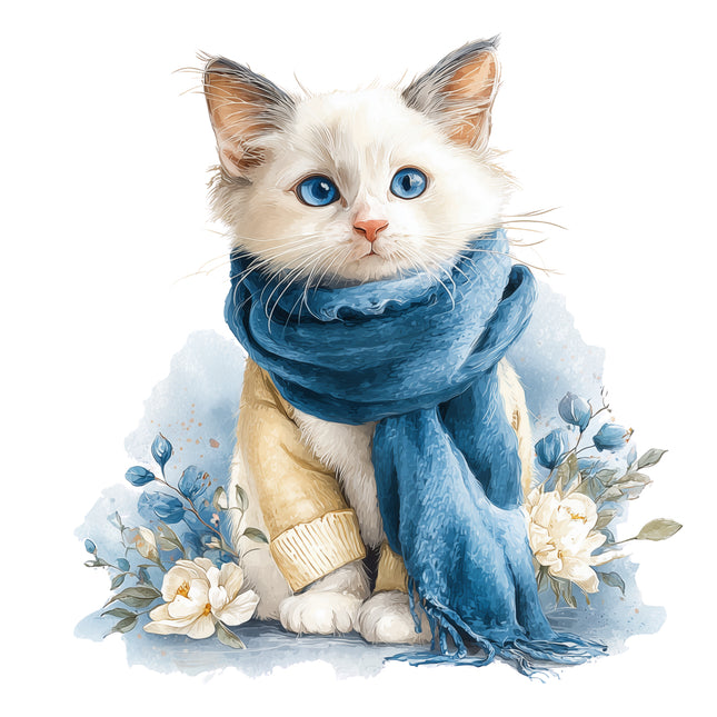 Cat wearing a blue scarf fabric panel for quilting