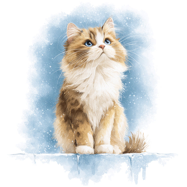 Cat with blue eyes sitting on a snowy surface fabric panel