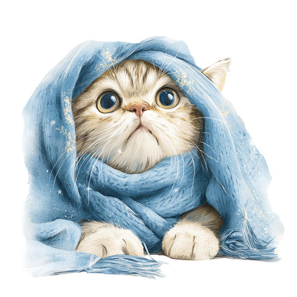 Cat peeking out from under a blue blanket quilting fabric panel
