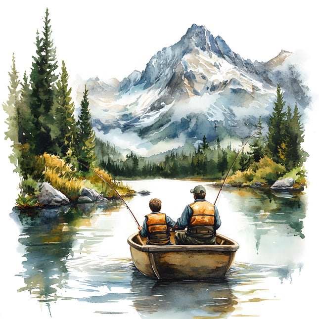 father and son fishing cotton fabric panel