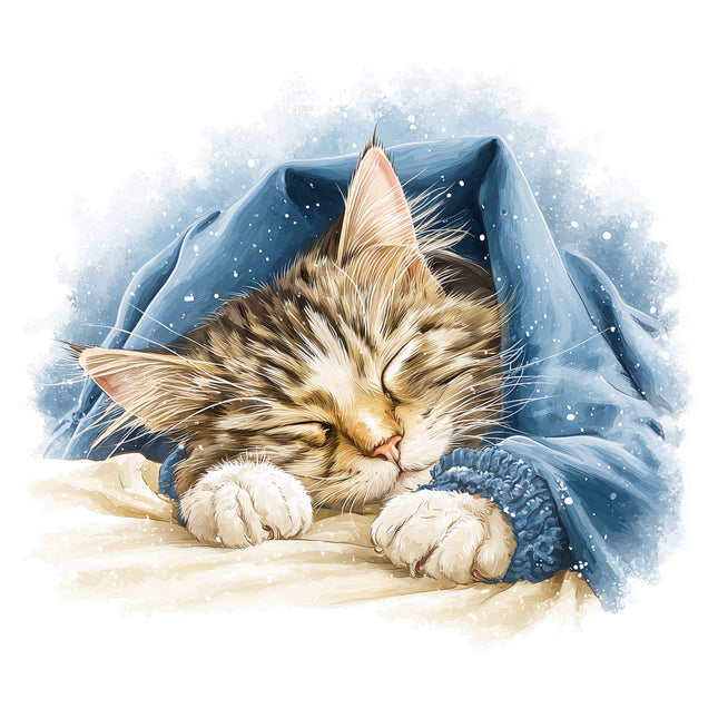 Sleeping kitten in a blue sweater quilting fabric panel