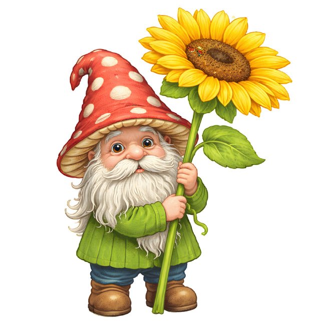 gnome holding a sunflower quilt block