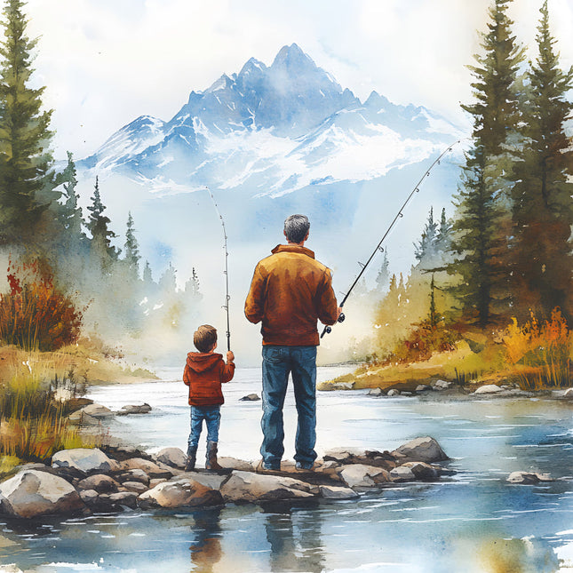 father and son fishing cotton fabric panel