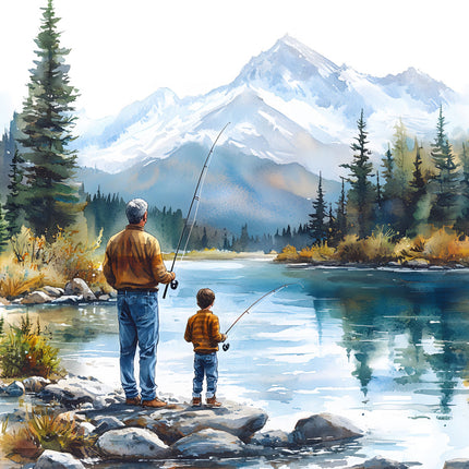 grandpa and grandson fishing cotton fabric panel