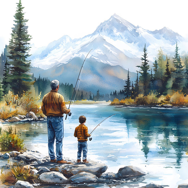 grandpa and grandson fishing cotton fabric panel