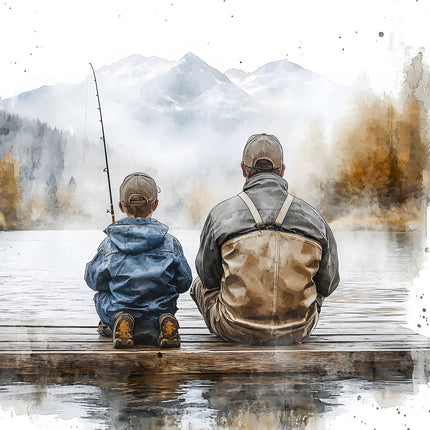 father and son fishing cotton fabric panel