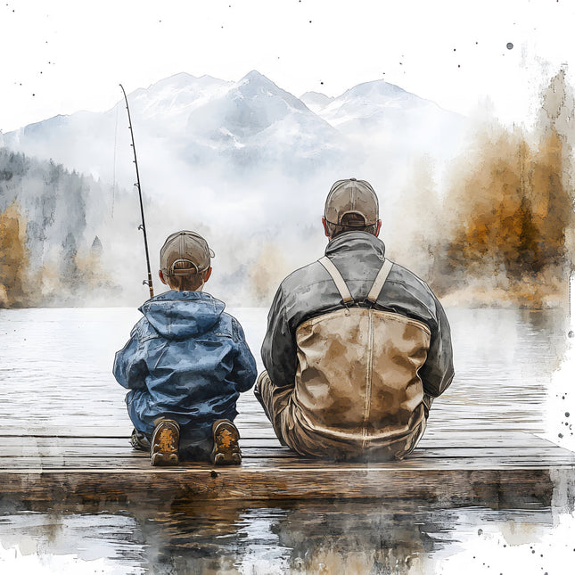 father and son fishing cotton fabric panel