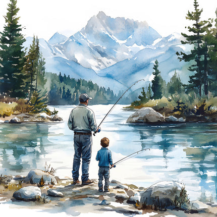 father and son fishing cotton fabric panel