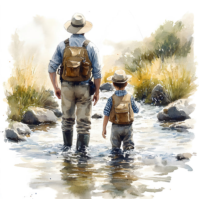 father and son fishing cotton fabric panel