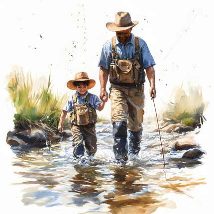 father and son fishing cotton fabric panel