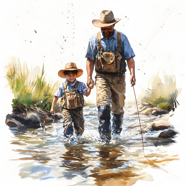 father and son fishing cotton fabric panel